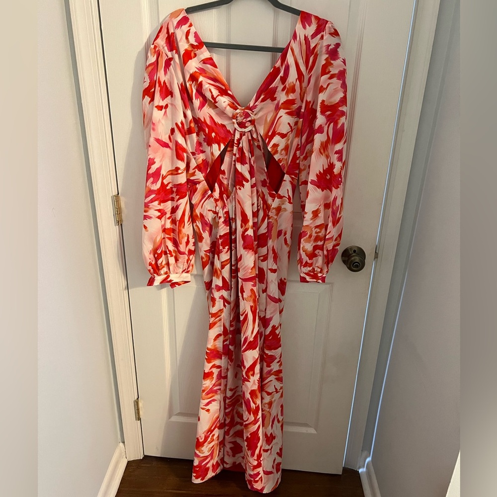 Pink & White Printed Maxi Dress with Cut Outs